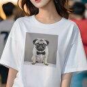 パグ Tシャツ レディース 犬ファン 半袖 春夏 犬柄 プリント カジュアル かわいい 人間用 個性派 ここだけのデザイン 面白 メガネ パグ 蝶ネクタイ