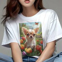 チワワ Tシャツ レディース 犬ファン 半袖 春夏 犬柄 プリント カジュアル かわいい 人間用 個性派 ここだけのデザイン 面白 チューリップ チワワ 花 庭 春