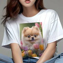 ポメラニアン Tシャツ レディース 犬ファン 半袖 春夏 犬柄 プリント カジュアル かわいい 人間用 個性派 ここだけのデザイン 面白 チューリップ ポメラニアン 花