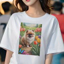 ポメラニアン Tシャツ レディース 犬ファン 半袖 春夏 犬柄 プリント カジュアル かわいい 人間用 個性派 ここだけのデザイン 面白 チューリップ ポメラニアン 庭 蝶