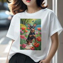 ミニチュアピンシャー Tシャツ レディース 犬ファン 半袖 春夏 犬柄 プリント カジュアル かわいい 人間用 個性派 ここだけのデザイン 面白 チューリップ ミニチュアピンシャー 庭 蝶
