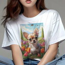 チワワ Tシャツ レディース 犬ファン 半袖 春夏 犬柄 プリント カジュアル かわいい 人間用 個性派 ここだけのデザイン 面白 チューリップ チワワ 花 春 庭