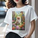 ポメラニアン Tシャツ レディース 犬ファン 半袖 春夏 犬柄 プリント カジュアル かわいい 人間用 個性派 ここだけのデザイン 面白 チューリップ ポメラニアン 庭 蝶