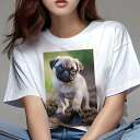 パグ Tシャツ レディース 犬ファン 半袖 春夏 犬柄 プリント カジュアル かわいい 人間用 個性派 ここだけのデザイン 面白 土 パグ シャベル