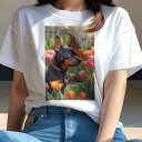 ミニチュアピンシャー Tシャツ レディース 犬ファン 半袖 春夏 犬柄 プリント カジュアル かわいい 人間用 個性派 ここだけのデザイン 面白 チューリップ ミニチュアピンシャー 庭 春 花
