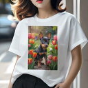 ミニチュアピンシャー Tシャツ レディース 犬ファン 半袖 春夏 犬柄 プリント カジュアル かわいい 人間用 個性派 ここだけのデザイン 面白 チューリップ ミニチュアピンシャー 蝶