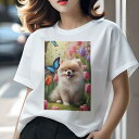 ポメラニアン Tシャツ レディース 犬ファン 半袖 春夏 犬柄 プリント カジュアル かわいい 人間用 個性派 ここだけのデザイン 面白 チューリップ ポメラニアン 蝶