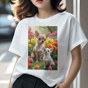 チワワ Tシャツ レディース 犬ファン 半袖 春夏 犬柄 プリント カジュアル かわいい 人間用 個性派 ここだけのデザイン 面白 チューリップ チワワ 蝶