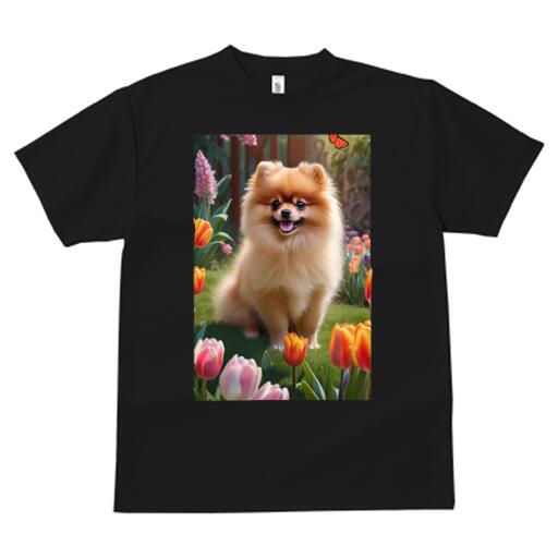 ポメラニアン Tシャツ メンズ キッズ 犬ファン 半袖 春夏 犬柄 プリント カジュアル かわいい 人間用 個性派 ここだけのデザイン 面白 花 ポメラニアン チューリップ 庭 春