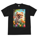 ポメラニアン Tシャツ メンズ キッズ 犬ファン 半袖 春夏 犬柄 プリント カジュアル かわいい 人間用 個性派 ここだけのデザイン 面白 チューリップ ポメラニアン 庭 蝶