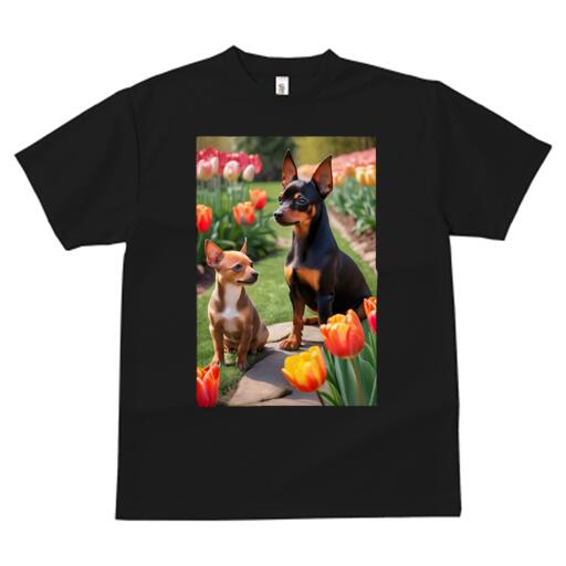 ミニチュアピンシャー,チワワ Tシャツ メンズ キッズ 犬ファン 半袖 春夏 犬柄 プリント カジュアル かわいい 人間用 個性派 ここだけのデザイン 面白 チューリップ ミニチュアピンシャー,チワワ 花 春 公園
