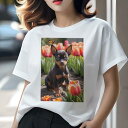 ミニチュアピンシャー Tシャツ レディース 犬ファン 半袖 春夏 犬柄 プリント カジュアル かわいい 人間用 個性派 ここだけのデザイン 面白 チューリップ ミニチュアピンシャー 花 庭