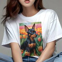 ミニチュアピンシャー Tシャツ レディース 犬ファン 半袖 春夏 犬柄 プリント カジュアル かわいい 人間用 個性派 ここだけのデザイン 面白 チューリップ ミニチュアピンシャー 花畑