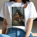 ポメラニアン Tシャツ レディース 犬ファン 半袖 春夏 犬柄 プリント カジュアル かわいい 人間用 個性派 ここだけのデザイン 面白 森 ポメラニアン 家 コテージ 木
