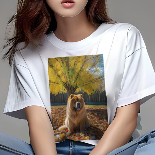 チャウチャウ Tシャツ レディース 犬ファン 半袖 春夏 犬柄 プリント カジュアル かわいい 人間用 個性派 ここだけのデザイン 面白 秋 チャウチャウ 紅葉 庭 木