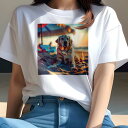 ゴールデンレトリバー Tシャツ レディース 犬ファン 半袖 春夏 犬柄 プリント カジュアル かわいい 人間用 個性派 ここだけのデザイン 面白 ビーチ ゴールデンレトリバー 海 砂 傘