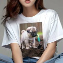 パグ Tシャツ レディース 犬ファン 半袖 春夏 犬柄 プリント カジュアル かわいい 人間用 個性派 ここだけのデザイン 面白 シャベル パグ 庭 土