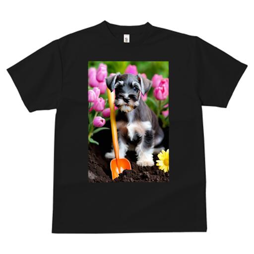 ミニチュアシュナウザー Tシャツ メンズ キッズ 犬ファン 半袖 春夏 犬柄 プリント カジュアル かわいい 人間用 個性派 ここだけのデザイン 面白 チューリップ ミニチュアシュナウザー シャベル 花