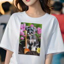 ミニチュアシュナウザー Tシャツ レディース 犬ファン 半袖 春夏 犬柄 プリント カジュアル かわいい 人間用 個性派 ここだけのデザイン 面白 チューリップ ミニチュアシュナウザー シャベル 花