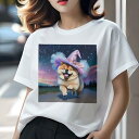 秋田犬 Tシャツ レディース 犬ファン 半袖 春夏 犬柄 プリント カジュアル かわいい 人間用 個性派 ここだけのデザイン 面白 魔法使いの帽子 秋田犬 かわいい ハロウィン ファンタジー