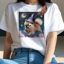チャウチャウ Tシャツ レディース 犬ファン 半袖 春夏 犬柄 プリント カジュアル かわいい 人間用 個性派 ここだけのデザイン 面白 月 チャウチャウ 星 魔法使いの帽子 夜空