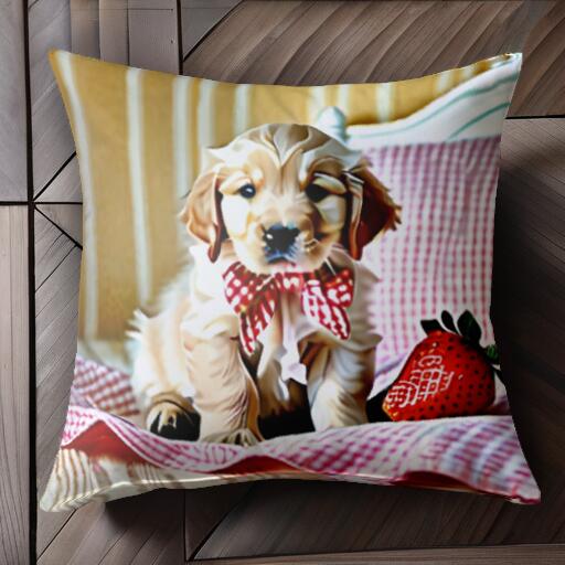 イチゴ ゴールデンレトリバー リボン チェック柄 クッションカバー 45×45cm アニマル柄 おしゃれ 可愛い クッション本体付き 正方形 犬ファン