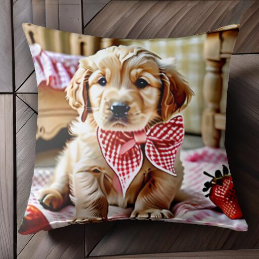 イチゴ ゴールデンレトリバー ギンガムチェック クッションカバー 45×45cm アニマル柄 おしゃれ 可愛い クッション本体付き 正方形 犬ファン