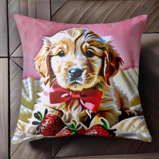 イチゴ ゴールデンレトリバー リボン クッションカバー 45×45cm アニマル柄 おしゃれ 可愛い クッション本体付き 正方形 犬ファン