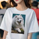 サモエド Tシャツ レディース 犬ファン 半袖 春夏 犬柄 プリント カジュアル かわいい 人間用 個性派 ここだけのデザイン 面白 背景 サモエド 苔