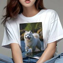 サモエド Tシャツ レディース 犬ファン 半袖 春夏 犬柄 プリント カジュアル かわいい 人間用 個性派 ここだけのデザイン 面白 水 サモエド 川