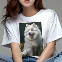 サモエド Tシャツ レディース 犬ファン 半袖 春夏 犬柄 プリント カジュアル かわいい 人間用 個性派 ここだけのデザイン 面白 ふわふわ サモエド 笑顔 ...
