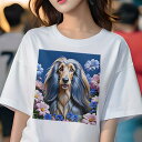 アフガンハウンド Tシャツ レディース 犬ファン 半袖 春夏 犬柄 プリント カジュアル かわいい 人間用 個性派 ここだけのデザイン 面白 花 アフガンハウンド 青い背景 ピンクの花 青い花