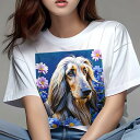 アフガンハウンド Tシャツ レディース 犬ファン 半袖 春夏 犬柄 プリント カジュアル かわいい 人間用 個性派 ここだけのデザイン 面白 花 アフガンハウンド 青い花 ピンクの花 デイジー