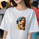 ゴールデンレトリバー Tシャツ レディース 犬ファン 半袖 春夏 犬柄 プリント カジュアル かわいい 人間用 個性派 ここだけのデザイン 面白 サングラス ゴ...