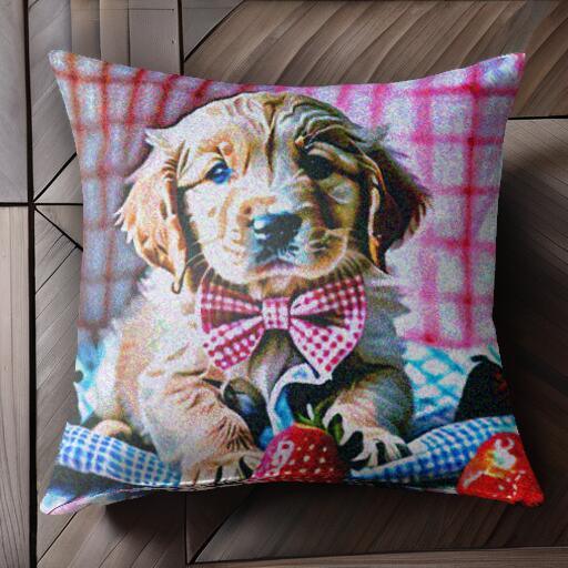 イチゴ ゴールデンレトリバー 蝶ネクタイ チェック柄 クッションカバー 45×45cm アニマル柄 おしゃれ 可愛い クッション本体付き 正方形 犬ファン