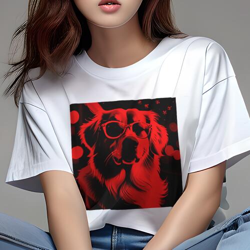 ゴールデンレトリバー Tシャツ レディース 犬ファン 半袖 春夏 犬柄 プリント カジュアル かわいい 人間用 個性派 ここだけのデザイン 面白 メガネ ゴールデンレトリバー 赤