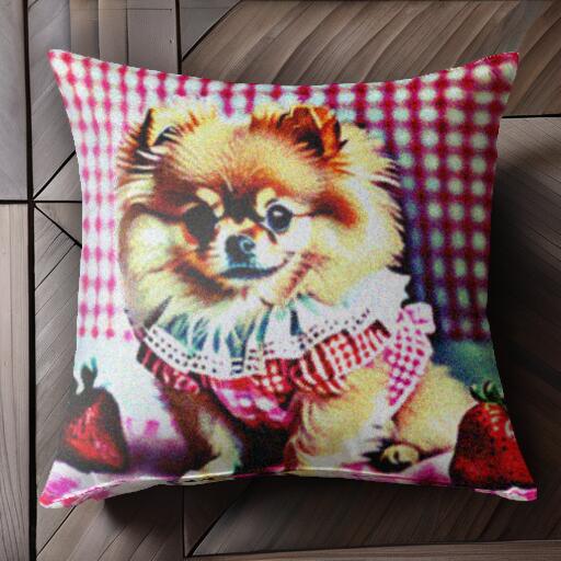 イチゴ ポメラニアン チェック柄 よだれかけ クッションカバー 45×45cm アニマル柄 おしゃれ 可愛い ク..