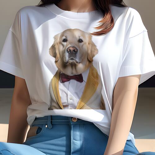 ゴールデンレトリバー Tシャツ レディース 犬ファン 半袖 春夏 犬柄 プリント カジュアル かわいい 人間用 個性派 ここだけのデザイン 面白 蝶ネクタイ ゴールデンレトリバー シャツ ジャケット