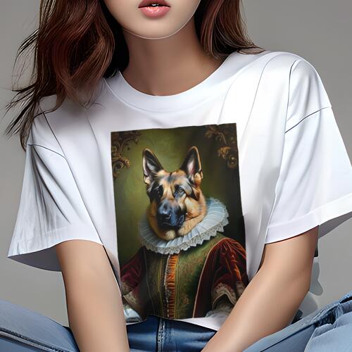 ジャーマンシェパード Tシャツ レディース 犬ファン 半袖 春夏 犬柄 プリント カジュアル かわいい 人間用 個性派 ここだけのデザイン 面白 肖像画 ジャーマンシェパード 王侯貴族 ルネサンス