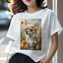 チワワ Tシャツ レディース 犬ファン 半袖 春夏 犬柄 プリント カジュアル かわいい 人間用 個性派 ここだけのデザイン 面白 チューリップ チワワ 蝶