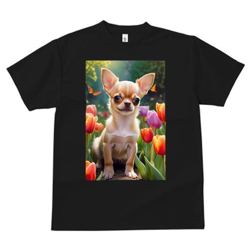 チワワ Tシャツ メンズ キッズ 犬ファン 半袖 春夏 犬柄 プリント カジュアル かわいい 人間用 個性派 ここだけのデザイン 面白 チューリップ チワワ 庭