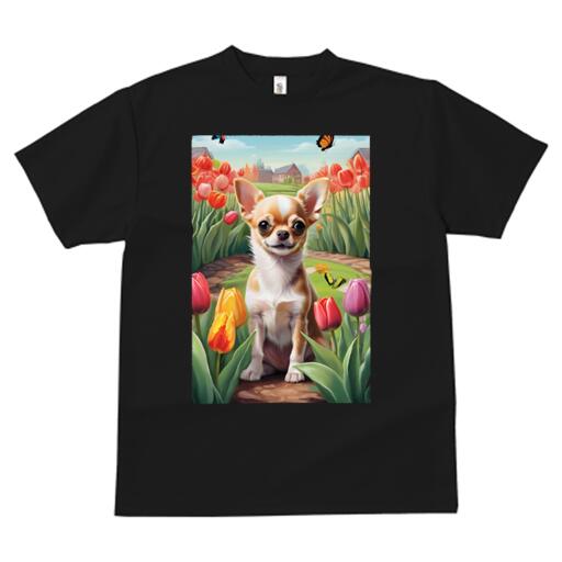 チワワ Tシャツ メンズ キッズ 犬ファン 半袖 春夏 犬柄 プリント カジュアル かわいい 人間用 個性派 ここだけのデザイン 面白 チューリップ チワワ 庭 花 蝶
