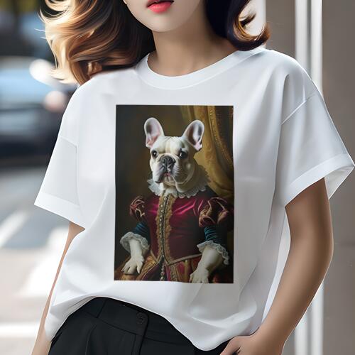 フレンチブルドッグ Tシャツ レディース 犬ファン 半袖 春夏 犬柄 プリント カジュアル かわいい 人間用 個性派 ここだけのデザイン 面白 肖像画 フレンチブルドッグ ルネサンス ドレス 王室