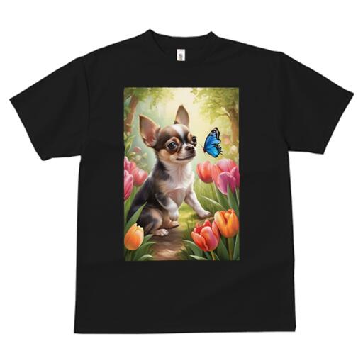 チワワ Tシャツ メンズ キッズ 犬ファン 半袖 春夏 犬柄 プリント カジュアル かわいい 人間用 個性派 ここだけのデザイン 面白 チューリップ チワワ 蝶 花 春