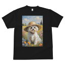 マルチーズ Tシャツ メンズ キッズ 犬ファン 半袖 春夏 犬柄 プリント カジュアル かわいい 人間用 個性派 ここだけのデザイン 面白 帽子 マルチーズ 花畑 夏 田園風景