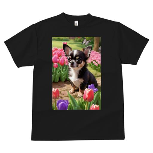 チワワ Tシャツ メンズ キッズ 犬ファン 半袖 春夏 犬柄 プリント カジュアル かわいい 人間用 個性派 ここだけのデザイン 面白 チューリップ チワワ 庭 花 蝶