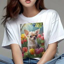 チワワ Tシャツ レディース 犬ファン 半袖 春夏 犬柄 プリント カジュアル かわいい 人間用 個性派 ここだけのデザイン 面白 チューリップ チワワ 蝶