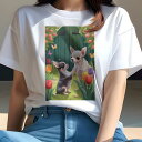 チワワ Tシャツ レディース 犬ファン 半袖 春夏 犬柄 プリント カジュアル かわいい 人間用 個性派 ここだけのデザイン 面白 チューリップ チワワ 庭 蝶 ドア