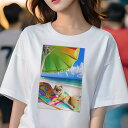 ポメラニアン Tシャツ レディース 犬ファン 半袖 春夏 犬柄 プリント カジュアル かわいい 人間用 個性派 ここだけのデザイン 面白 ビーチ ポメラニアン 海 傘 休暇