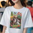 チワワ Tシャツ レディース 犬ファン 半袖 春夏 犬柄 プリント カジュアル かわいい 人間用 個性派 ここだけのデザイン 面白 チューリップ チワワ 庭 蝶